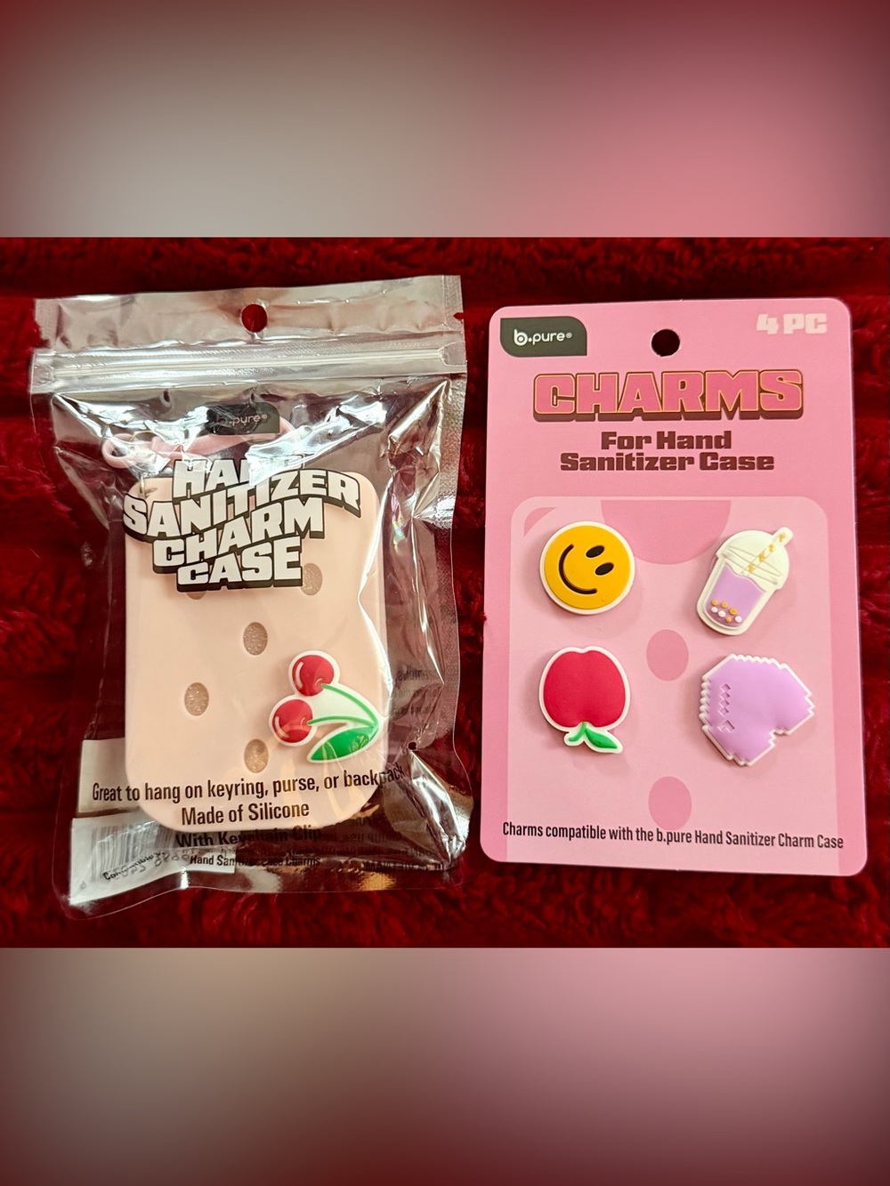 b.pure Pink Silicone Hand Sanitizer Charm Case with Cherry Accent